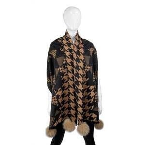 NEW MITCHIE'S MATCHINGS women's zigzag houndstooth print scarf with fox poms in